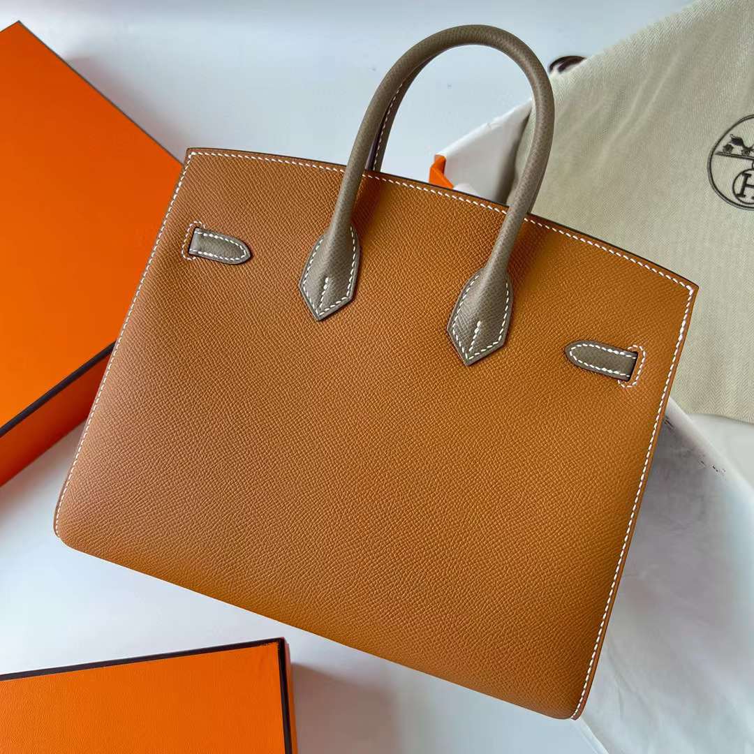 Hermès（爱马仕）Birkin 铂金包 Sellier Epsom Ck37 金棕色 拼 Ck18 大象灰 金扣 25cm 全手工蜡线缝制 Ghw