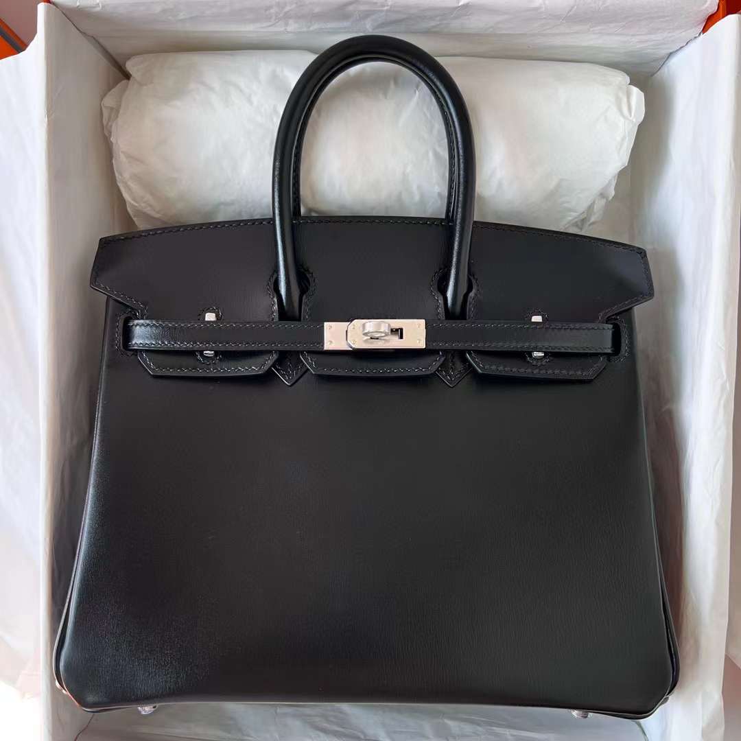 Hermès（爱马仕）Birkin 铂金包 Box皮 Ck89 黑色 银扣 25cm 全手工蜡线缝制 Phw