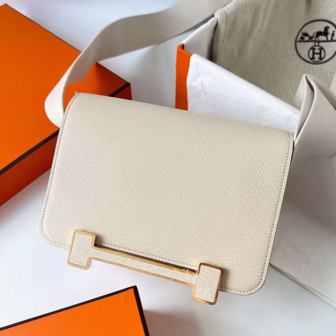 Hermès（爱马仕）Geta 木屐包 Chevre 进口山羊皮 I2 奶油白 金扣 20cm 全手工蜡线缝制 Ghw
