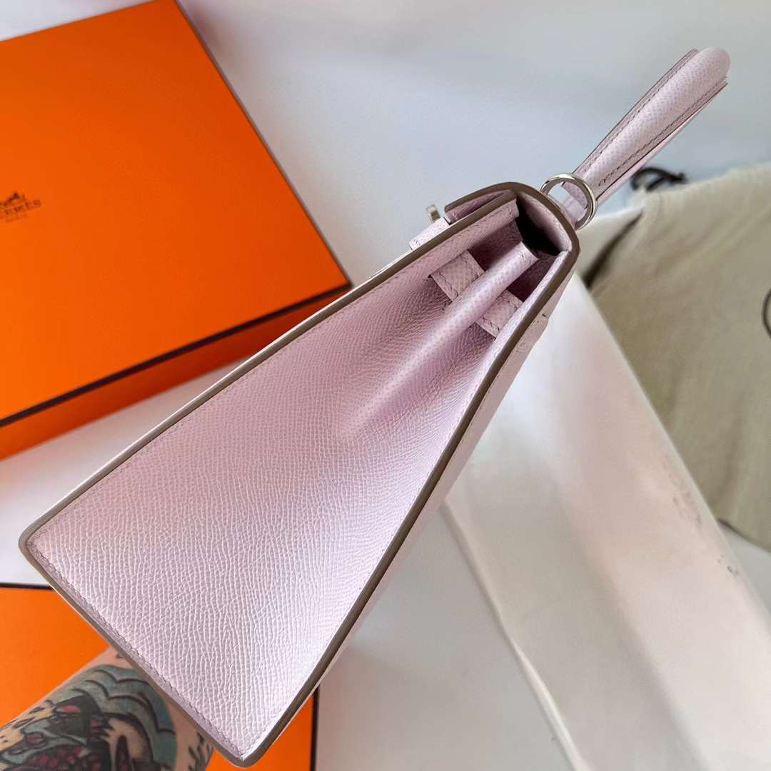 Hermès（爱马仕）Kelly 凯莉包 Epsom 09 淡粉紫 银扣 25cm 全手工蜡线缝制 Phw