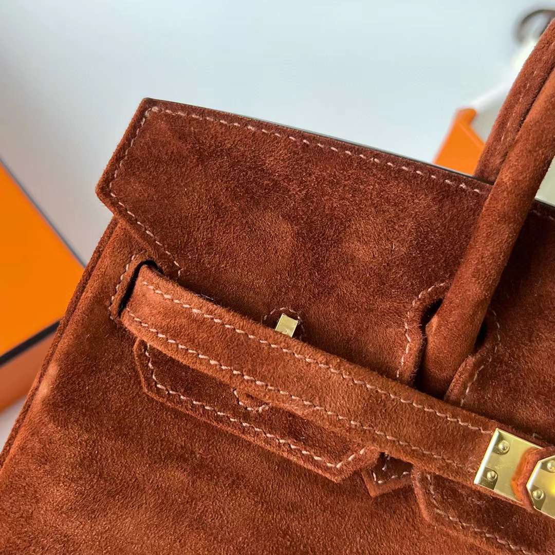 Hermès（爱马仕）Birkin 铂金包 Suede 进口羊皮反绒 麂皮 泰迪色 金扣 25cm 全手工蜡线缝制 Ghw
