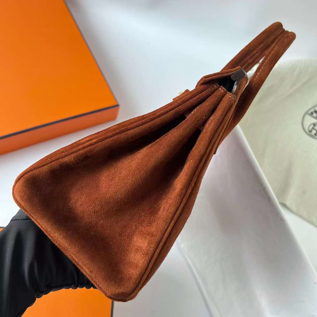 Hermès（爱马仕）Birkin 铂金包 Suede 进口羊皮反绒 麂皮 泰迪色 金扣 25cm 全手工蜡线缝制 Ghw