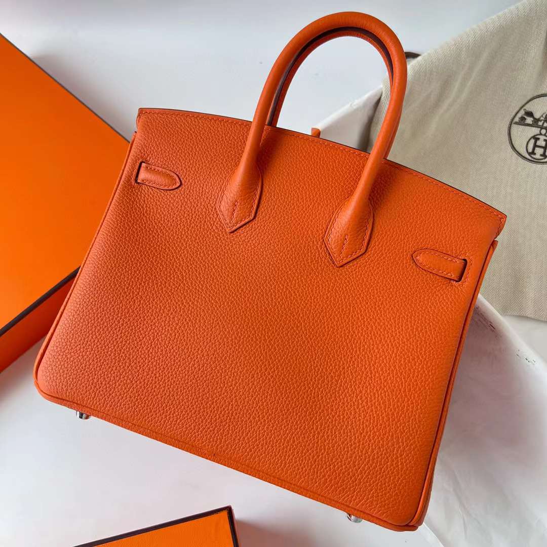 Hermès（爱马仕）Birkin 铂金包 Togo 进口德国小牛皮 Ck93 橙色 银扣 25cm 全手工蜡线缝制 Phw