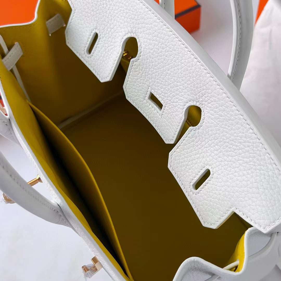 Hermès（爱马仕）Birkin 铂金包 Clemence 进口TC大牛皮 01 纯白 内拼 9R 柠檬黄 拉丝金扣 25cm 全手工蜡线缝制 Bghw
