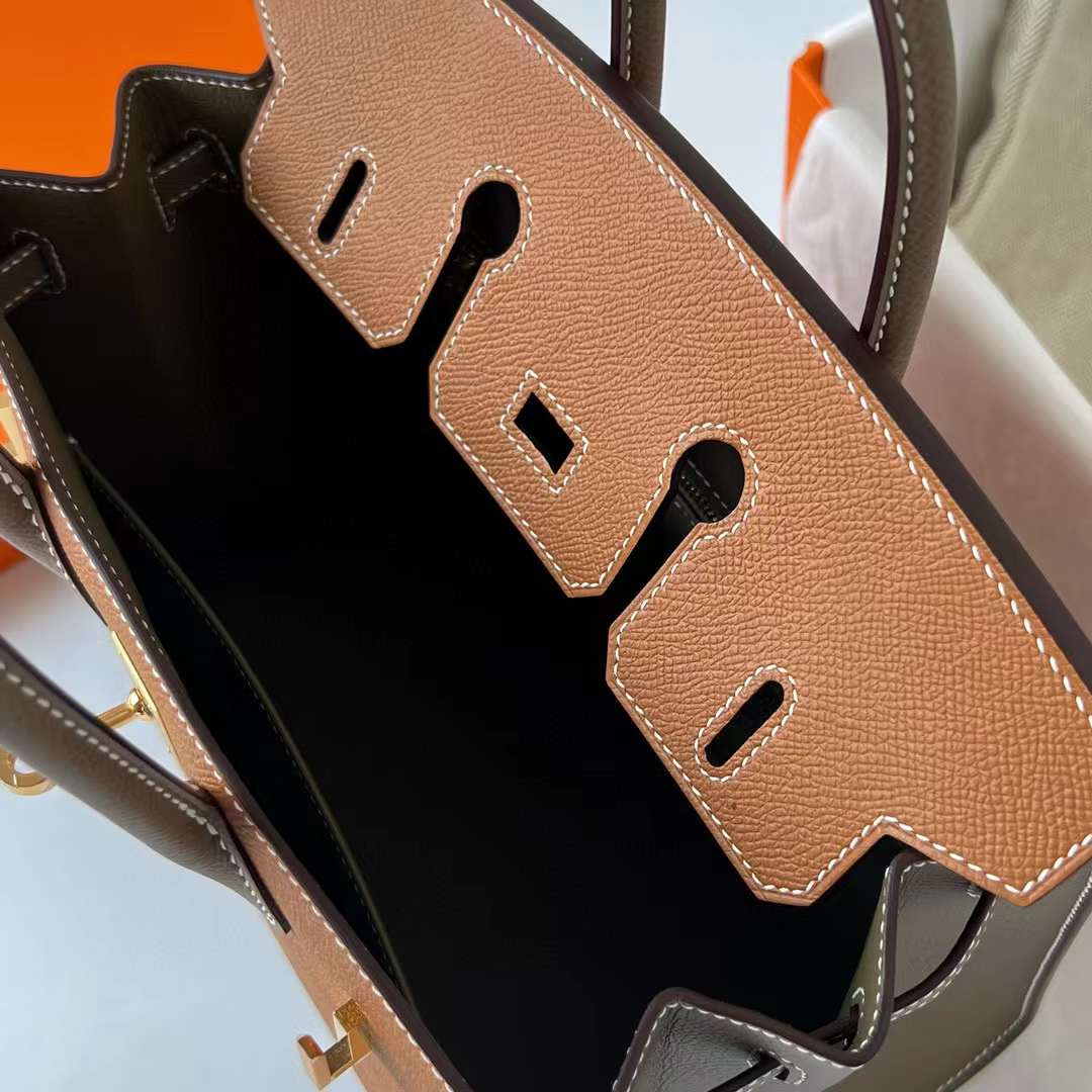 Hermès（爱马仕）Birkin 铂金包 Sellier Epsom Ck37 金棕色 拼 Ck18 大象灰 金扣 25cm 全手工蜡线缝制 Ghw