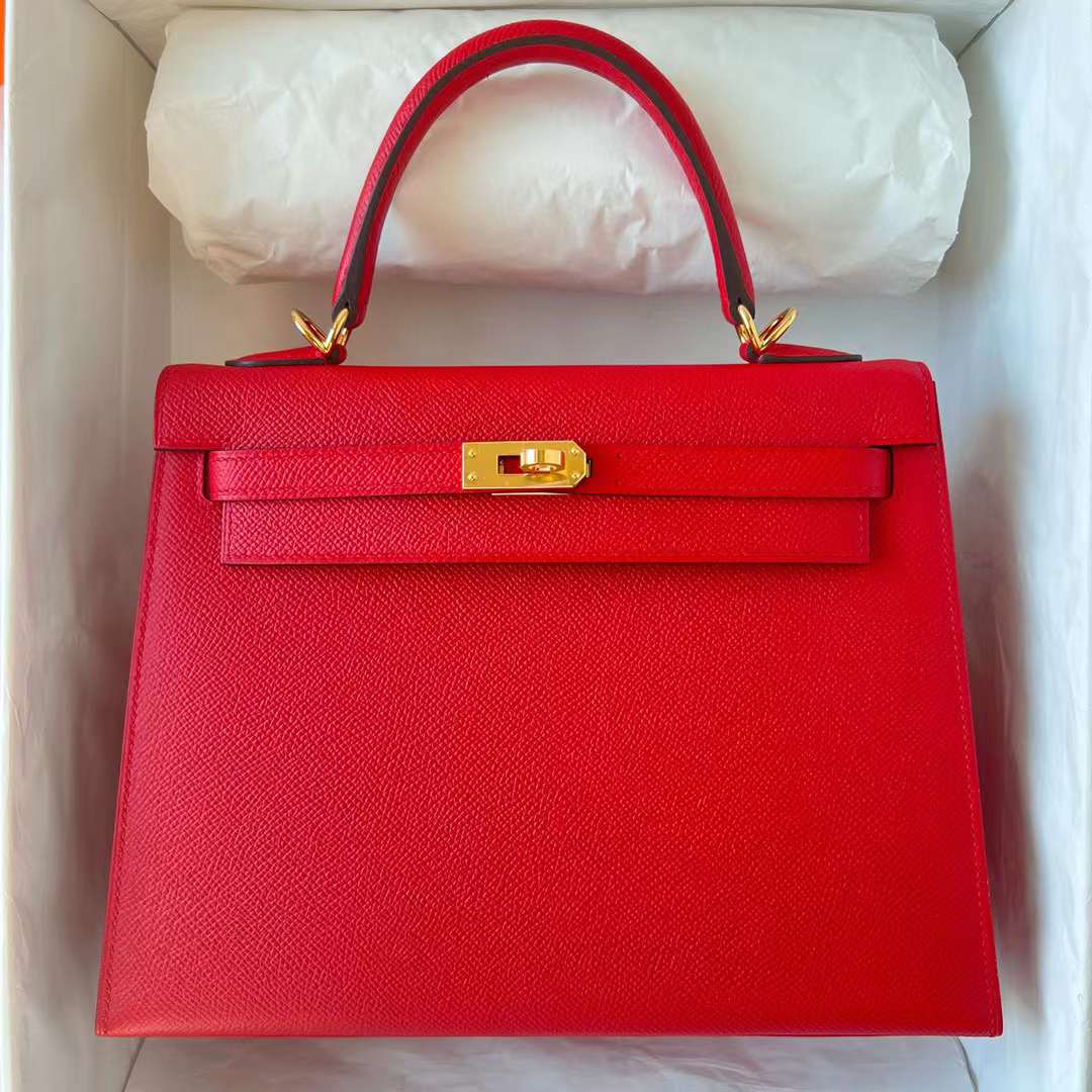 Hermès（爱马仕）Kelly 凯莉包 Epsom Q5 国旗红 金扣 25cm 全手工蜡线缝制 Ghw