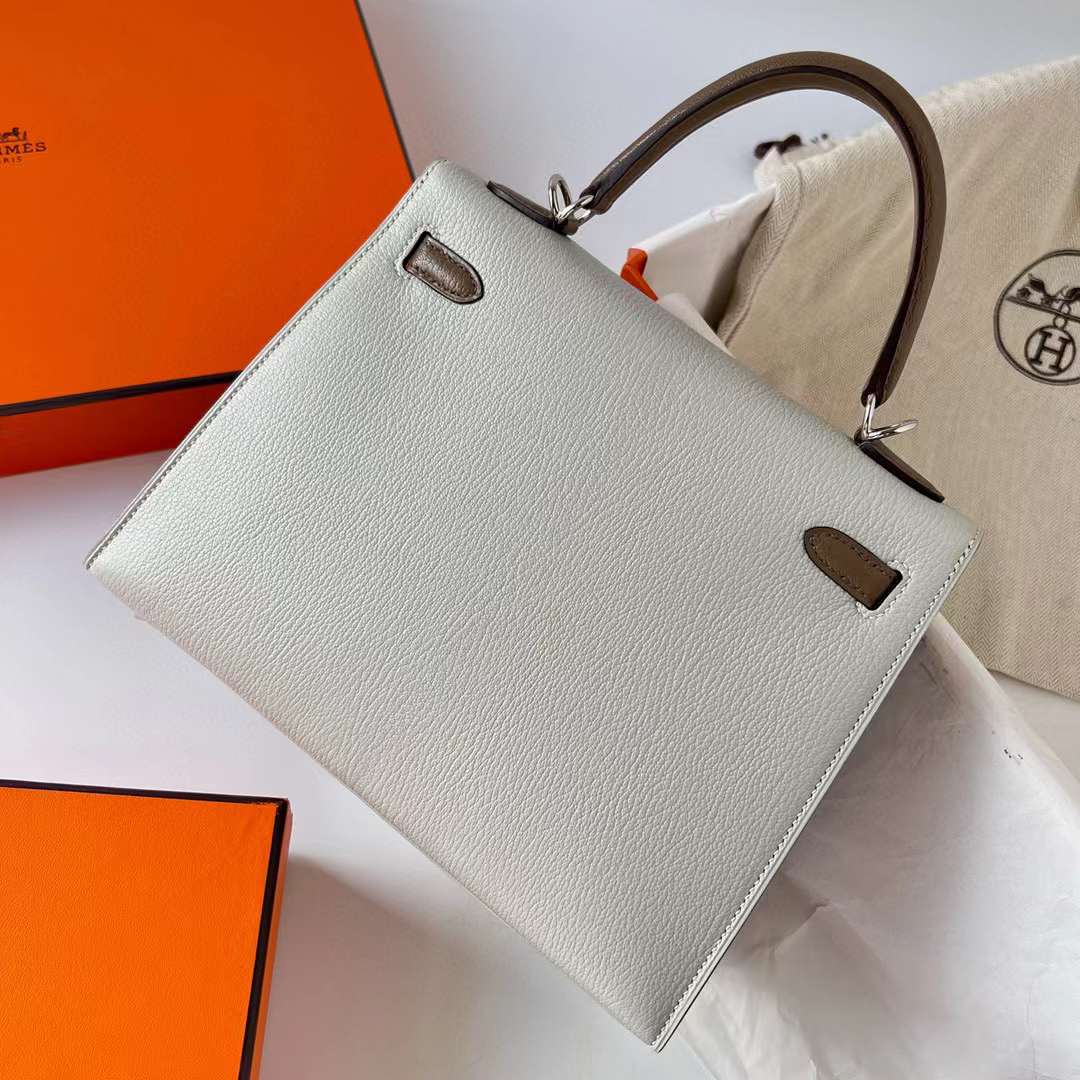 Hermès（爱马仕）Kelly 凯莉包 Chevre 进口山羊皮 Ck80 珍珠灰 拼 Ck18 大象灰 银扣 25cm 全手工蜡线缝制 Phw