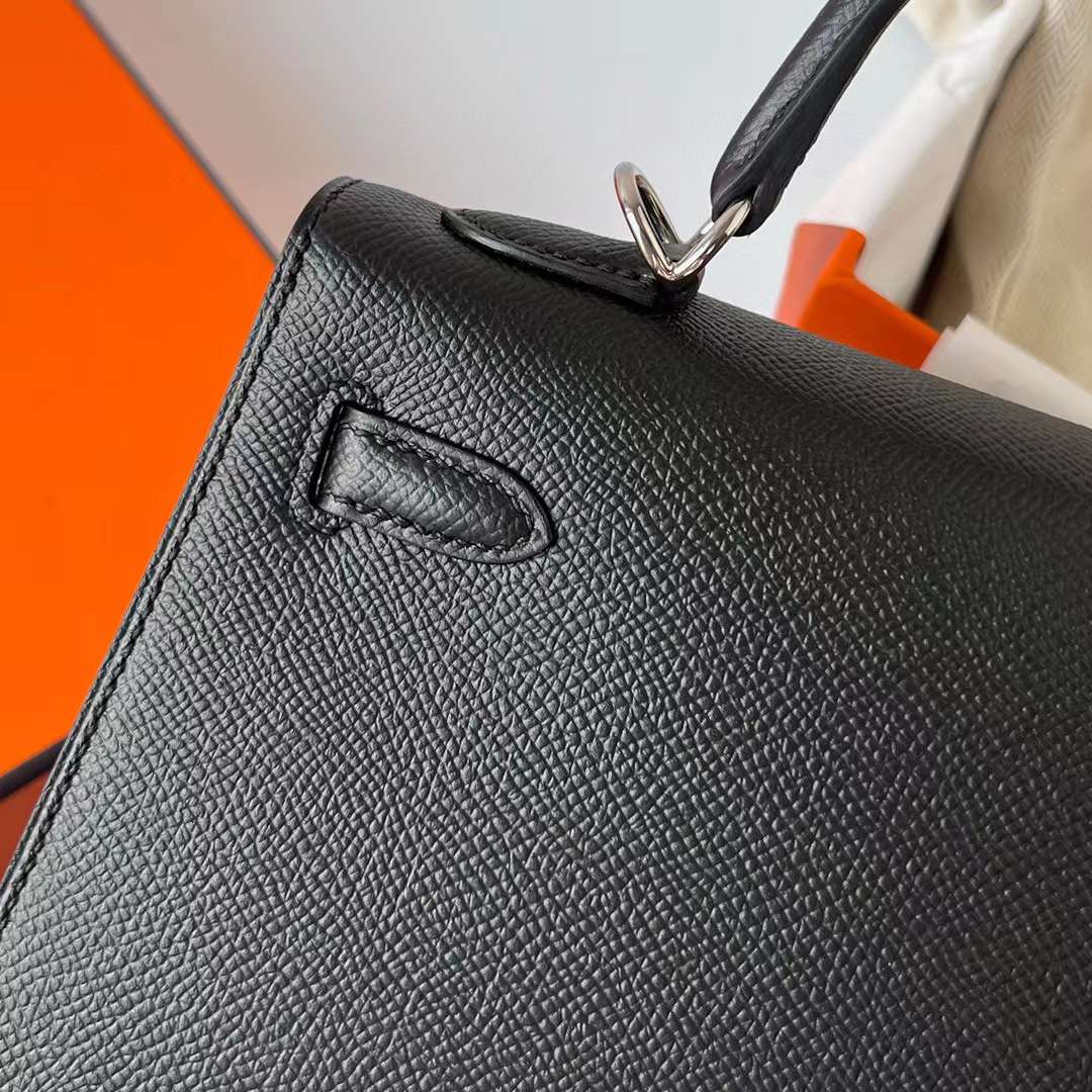 Hermès（爱马仕）Kelly 凯莉包 Epsom Ck89 黑色 银扣 25cm 全手工蜡线缝制 Phw