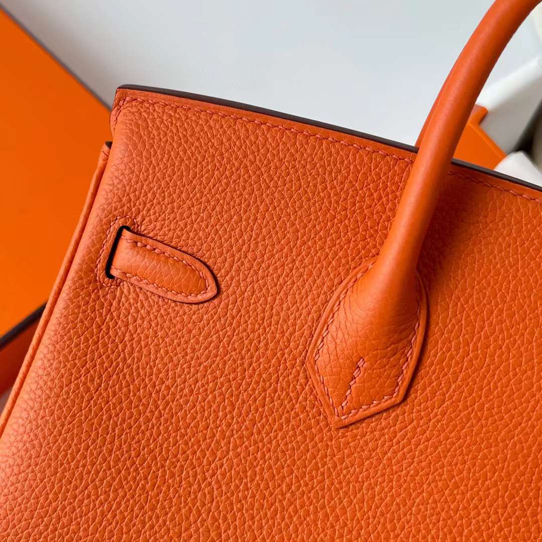 Hermès（爱马仕）Birkin 铂金包 Togo 进口德国小牛皮 Ck93 橙色 银扣 25cm 全手工蜡线缝制 Phw