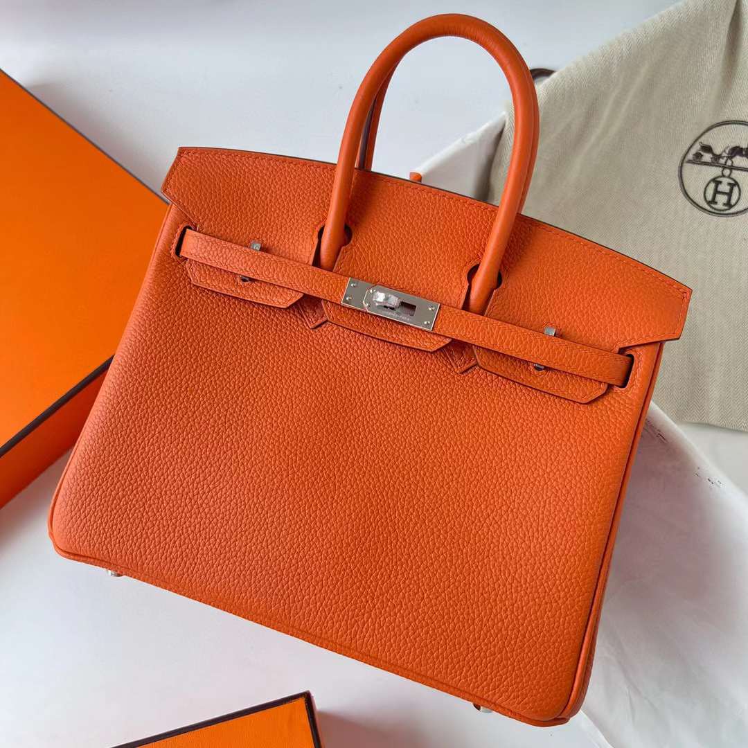 Hermès（爱马仕）Birkin 铂金包 Togo 进口德国小牛皮 Ck93 橙色 银扣 25cm 全手工蜡线缝制 Phw
