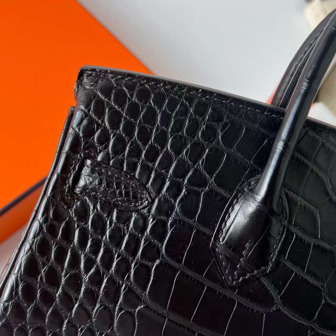 Hermès（爱马仕）Birkin 铂金包 雾面美洲鳄鱼皮 Matte Alligator Crocodile Ck89 黑色 金扣 25cm 全手工蜡线缝制 Ghw