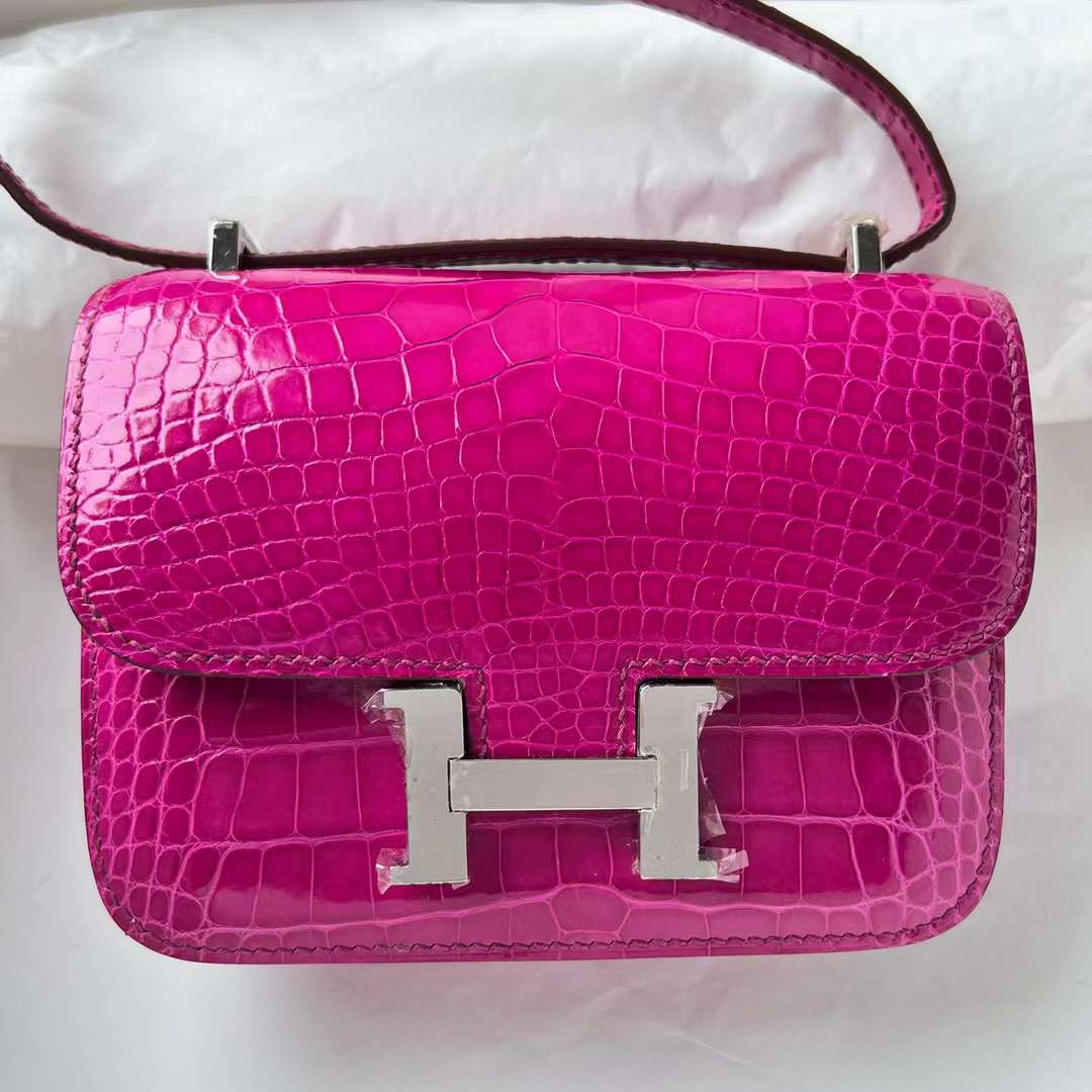 Hermès（爱马仕）Constance 空姐包 亮面美洲鳄鱼皮 Shiny Alligator Crocodile J5 天方夜谭粉紫 银扣 14cm 全手工蜡线缝制 Phw