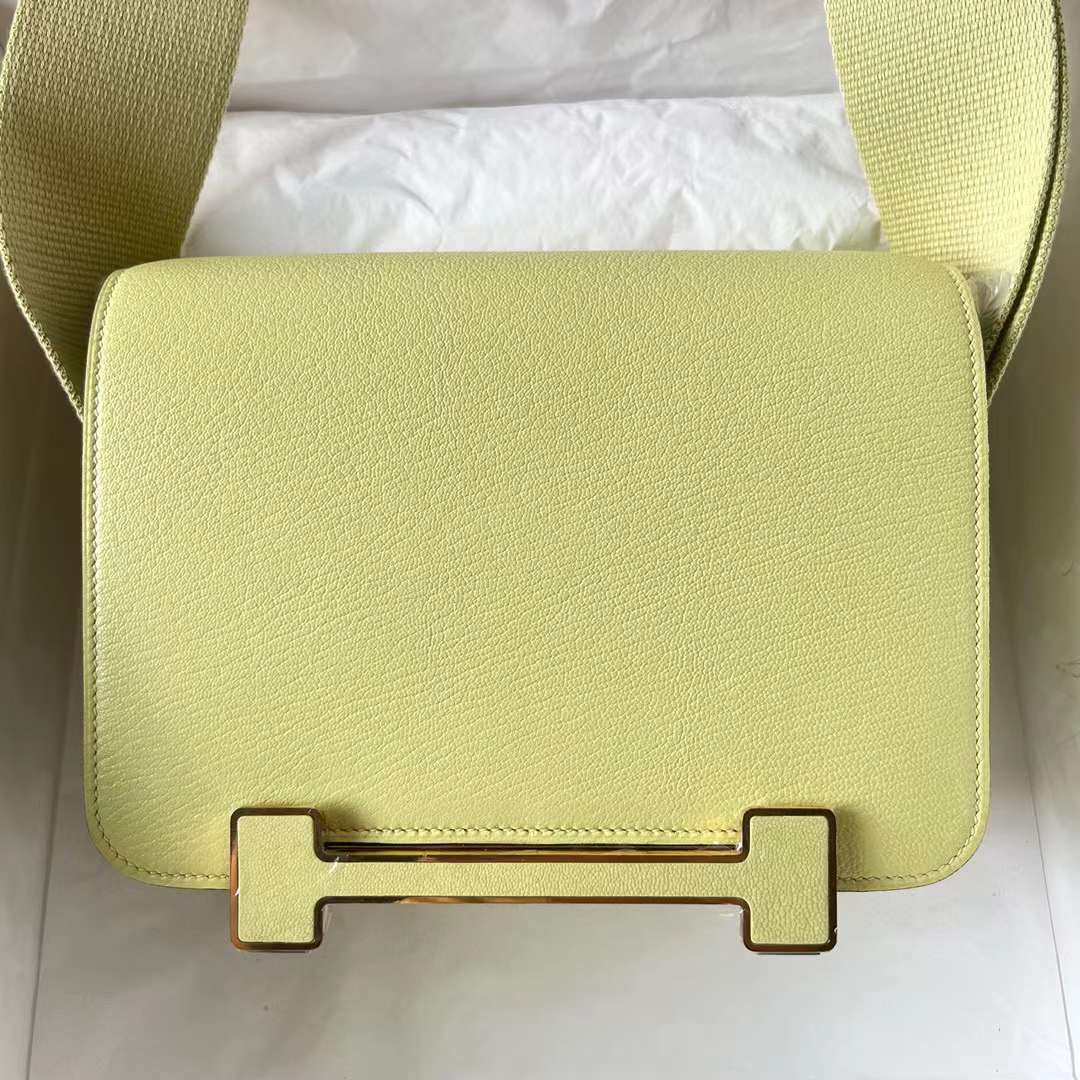 Hermès（爱马仕）Geta 木屐包 Chevre 进口山羊皮 R9 嫩芽黄 金扣 20cm 全手工蜡线缝制 Ghw