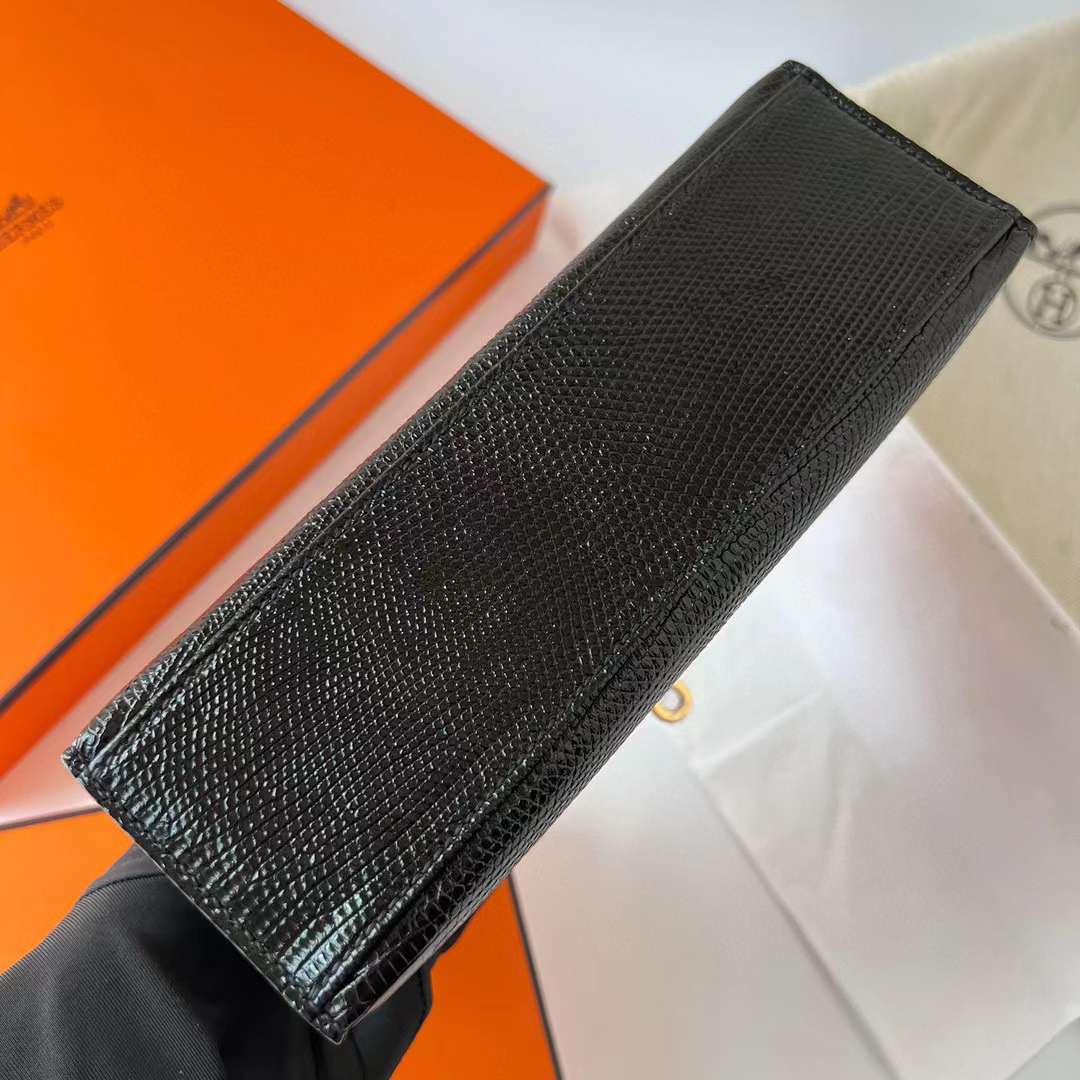 Hermès（爱马仕）Mini Kelly Pochette Lizard 进口蜥蜴皮 Ck89 黑色 金扣 22cm 全手工蜡线缝制 Ghw