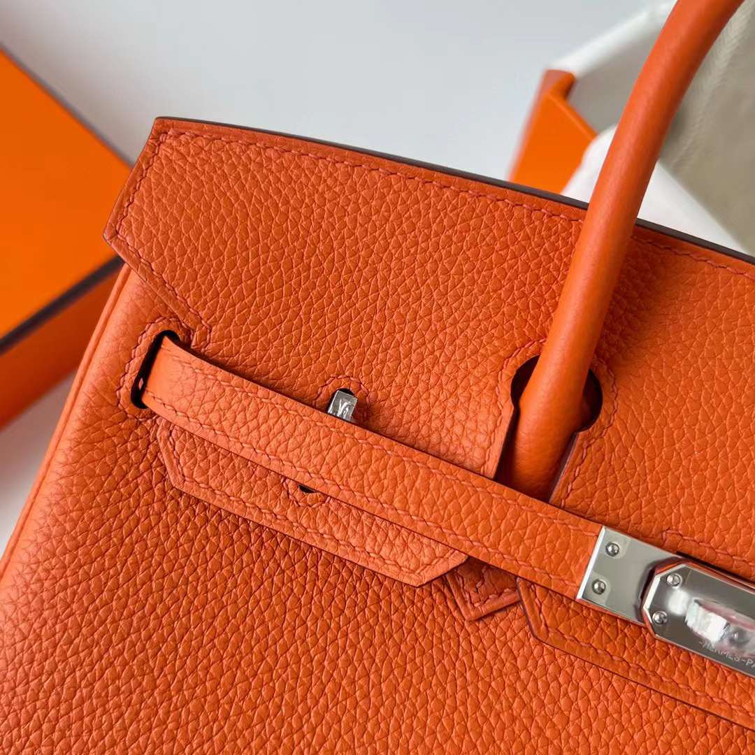 Hermès（爱马仕）Birkin 铂金包 Togo 进口德国小牛皮 Ck93 橙色 银扣 25cm 全手工蜡线缝制 Phw