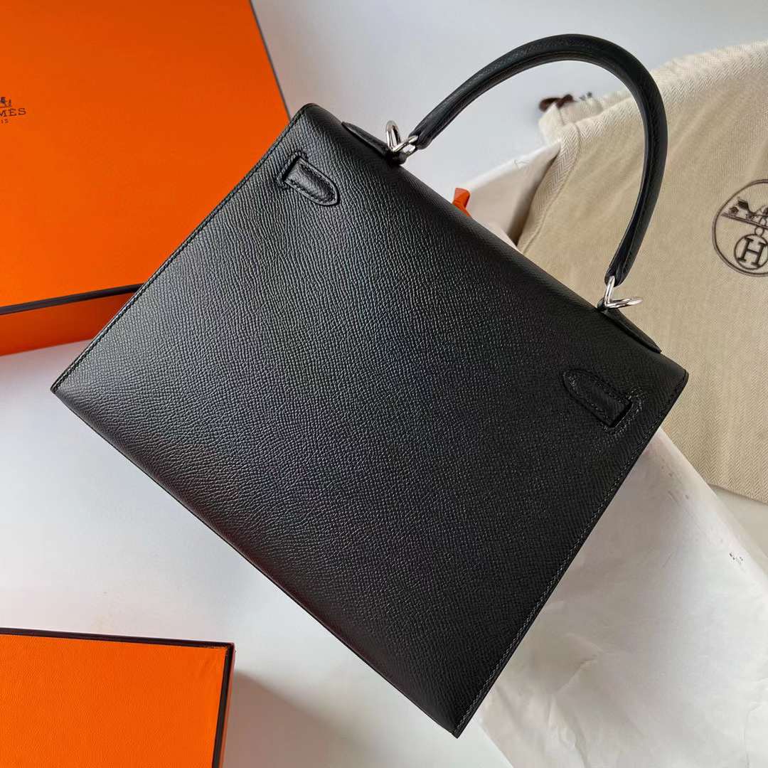 Hermès（爱马仕）Kelly 凯莉包 Epsom Ck89 黑色 银扣 25cm 全手工蜡线缝制 Phw