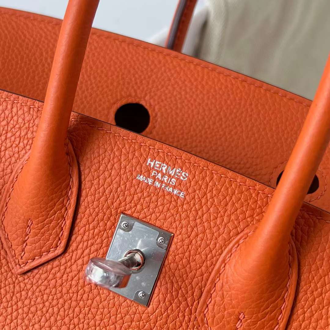 Hermès（爱马仕）Birkin 铂金包 Togo 进口德国小牛皮 Ck93 橙色 银扣 25cm 全手工蜡线缝制 Phw