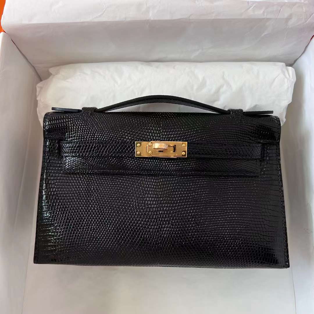 Hermès（爱马仕）Mini Kelly Pochette Lizard 进口蜥蜴皮 Ck89 黑色 金扣 22cm 全手工蜡线缝制 Ghw