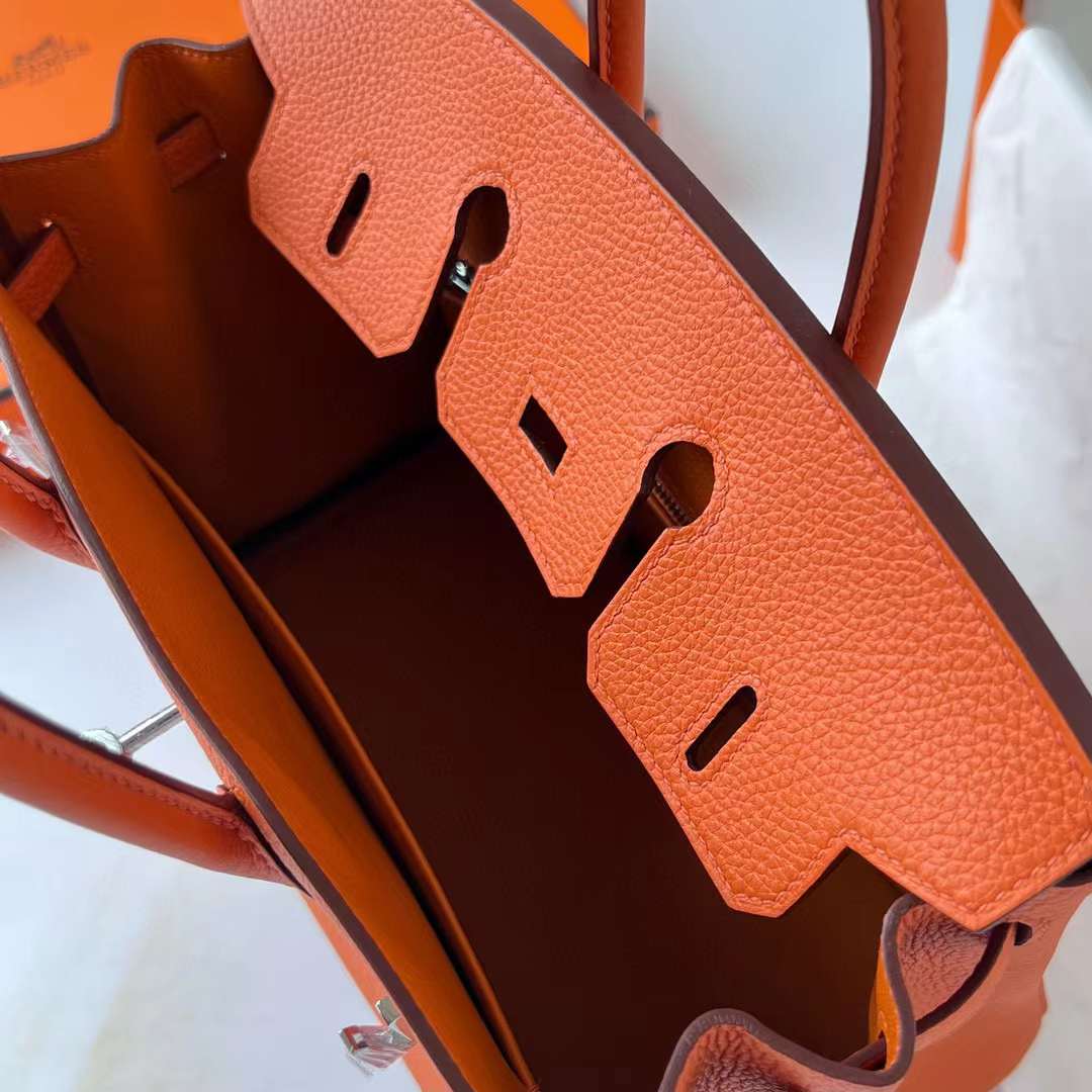 Hermès（爱马仕）Birkin 铂金包 Togo 进口德国小牛皮 Ck93 橙色 银扣 25cm 全手工蜡线缝制 Phw