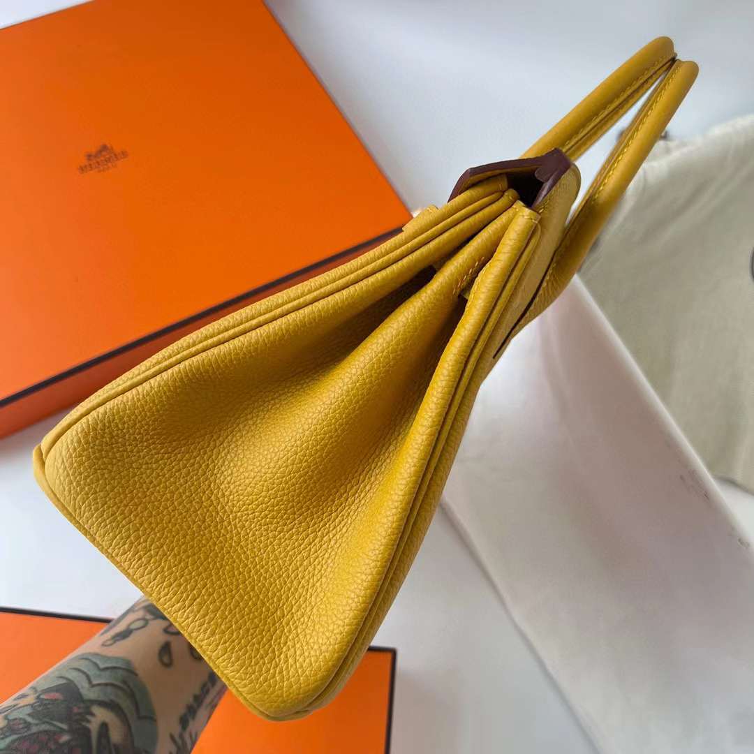 Hermès（爱马仕）Birkin 铂金包 Togo皮 9D 琥珀黄 金扣 25cm 全手工蜡线缝制 Ghw