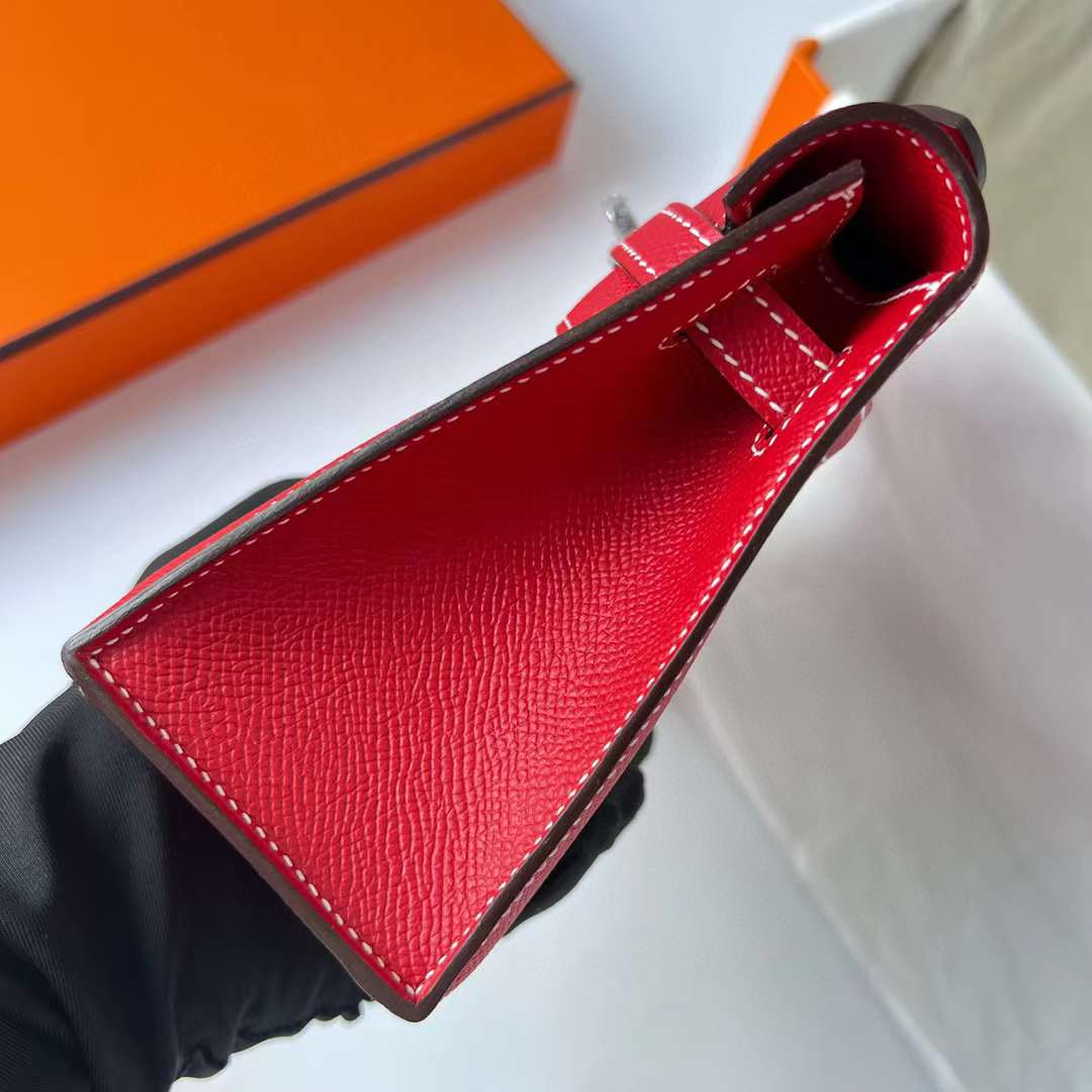Hermès（爱马仕）Mini Kelly Pochette Epsom Q5 国旗红 银扣 走白色线 22cm 全手工蜡线缝制 Phw