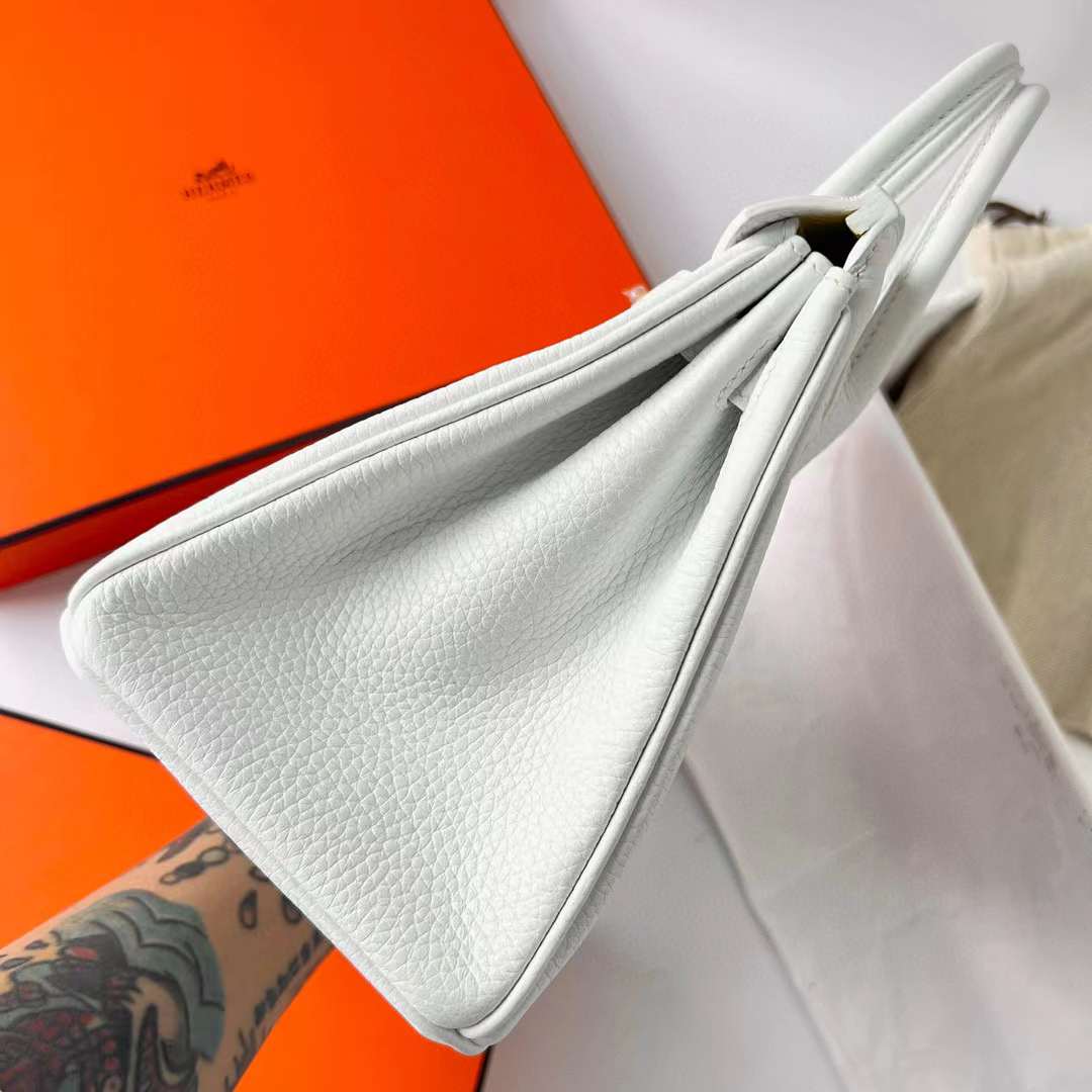 Hermès（爱马仕）Birkin 铂金包 Clemence 进口TC大牛皮 01 纯白 内拼 9R 柠檬黄 拉丝金扣 25cm 全手工蜡线缝制 Bghw