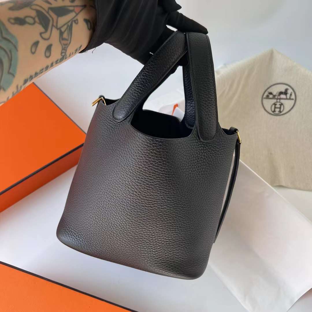 Hermès（爱马仕）Picotin 菜篮子 Clemence（御用原厂进口tc皮）Ck89 黑色 金扣 18cm 全手工蜡线缝制 Ghw