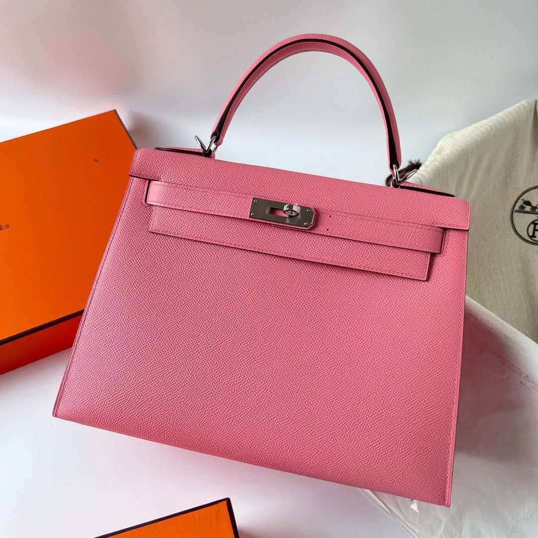 Hermès（爱马仕）Kelly 凯莉包 Epsom 进口德国手掌纹皮 1Q 奶昔粉 银扣 28cm 全手工蜡线缝制 Phw