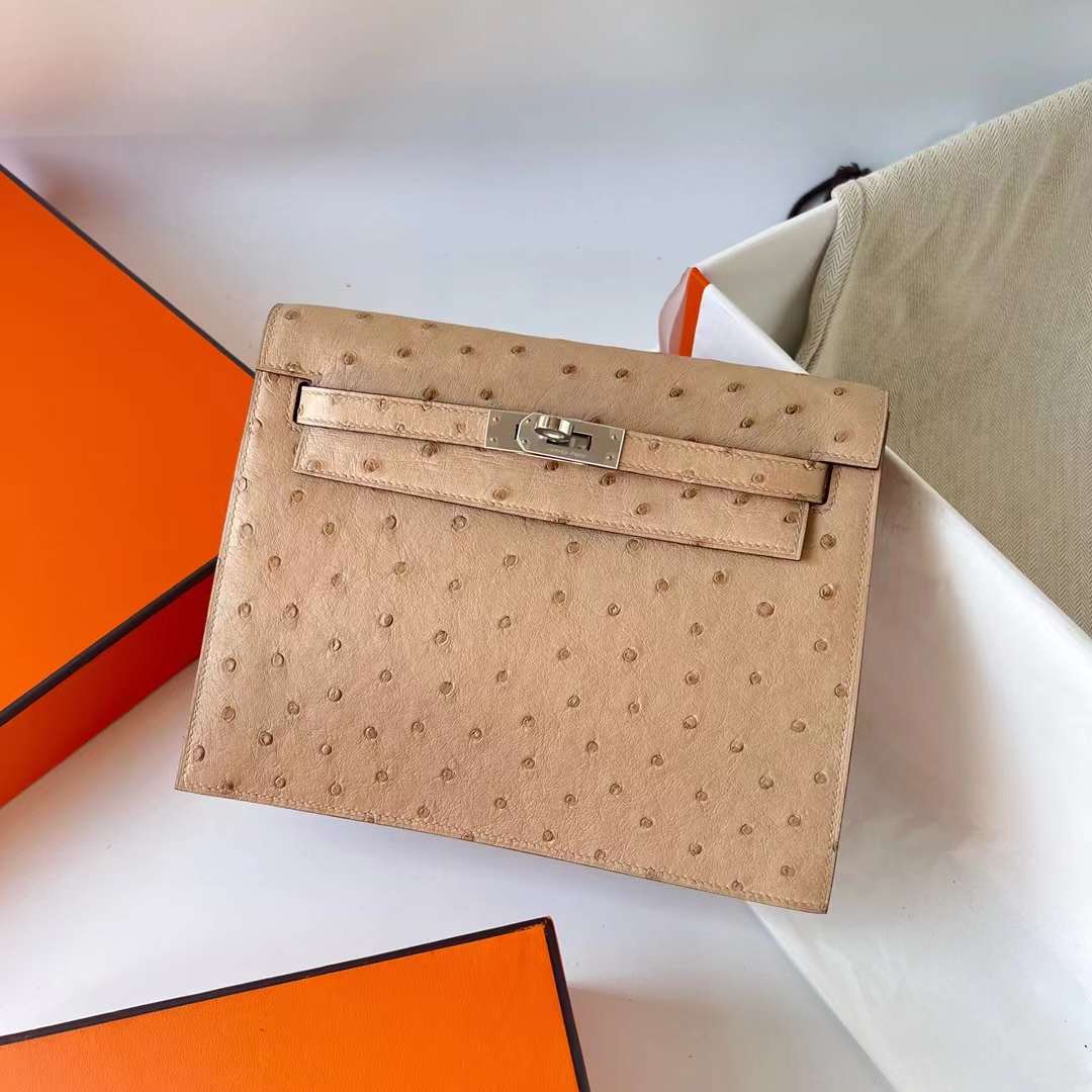 Hermès（爱马仕）Kelly Danse Ostrich 进口鸵鸟皮 S2 风衣灰 银扣 22cm 全手工蜡线缝制 Phw