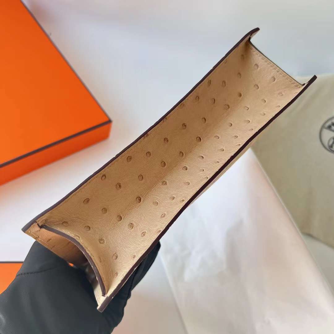 Hermès（爱马仕）Kelly Danse Ostrich 进口鸵鸟皮 S2 风衣灰 银扣 22cm 全手工蜡线缝制 Phw