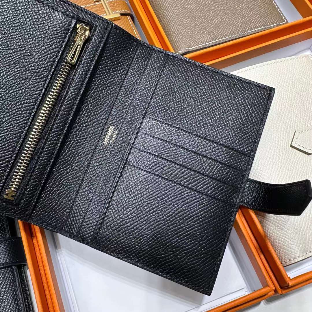 Hermès（爱马仕）Bearn Short 短款钱包 Epsom 进口手掌纹皮 Ck89 黑色 金扣 全手工蜡线缝制