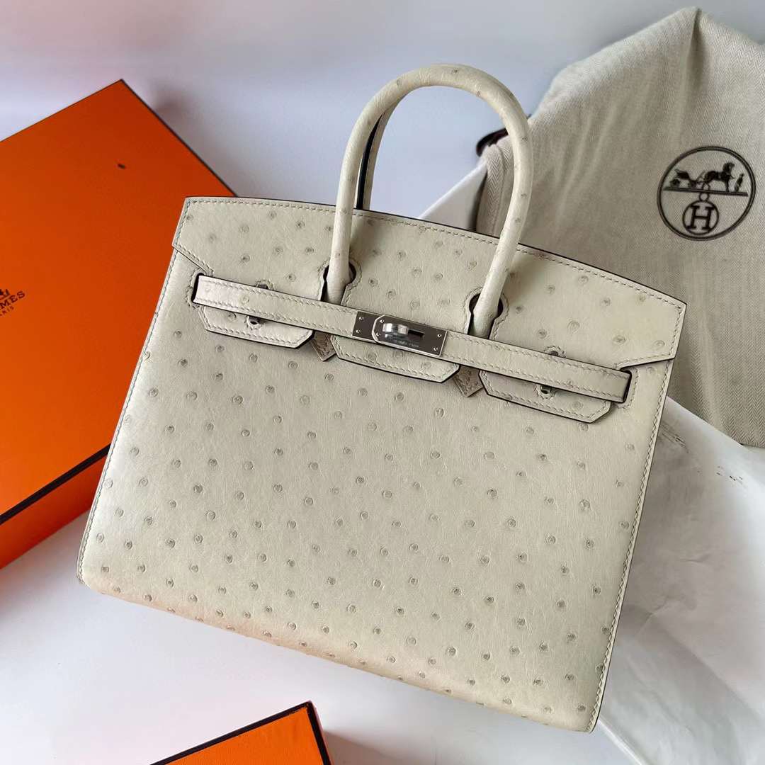 Hermès（爱马仕）Birkin 铂金包 Ostrich 南非鸵鸟皮 3C 羊毛白 银扣 25cm 全手工蜡线缝制 Phw