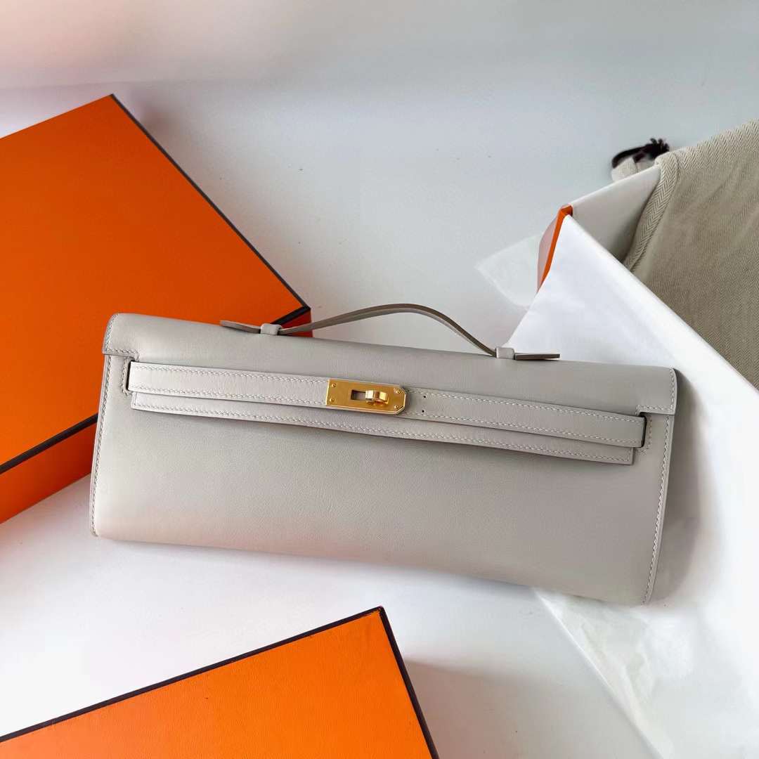 Hermès（爱马仕）Kelly cut Swift Ck80 珍珠灰 金扣 31cm 全手工蜡线缝制 Ghw