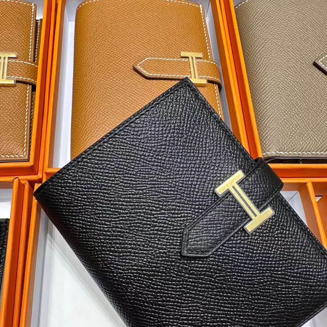Hermès（爱马仕）Bearn Short 短款钱包 Epsom 进口手掌纹皮 Ck89 黑色 金扣 全手工蜡线缝制