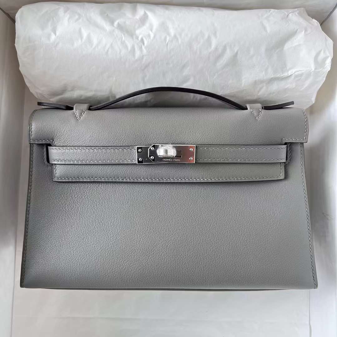 Hermès（爱马仕）Mini Kelly Pochette Swift 0L 积雨云灰 银扣 22cm 全手工蜡线缝制 Phw