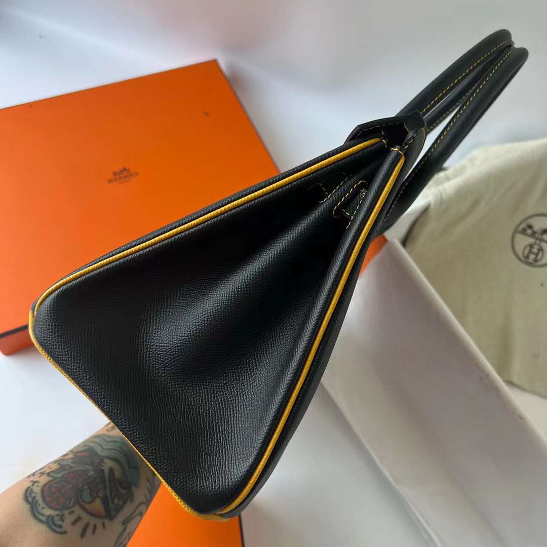 Hermès（爱马仕）Birkin 铂金包 Epsom Ck89 黑色 内拼 9D 琥珀黄 磨砂金扣 30cm 全手工蜡线缝制 Bghw