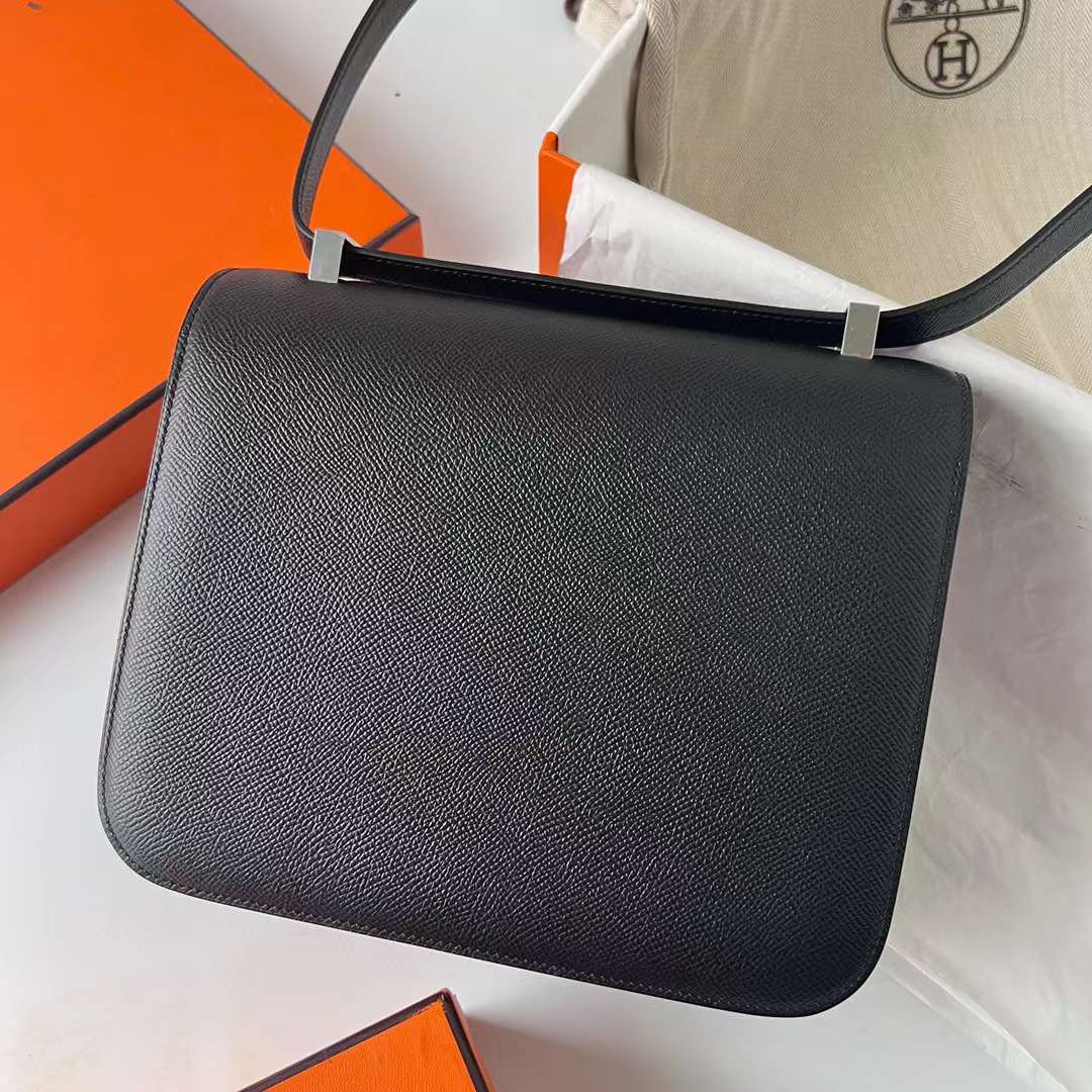 Hermès（爱马仕）Constance 空姐包 Epsom Ck89 黑色 银扣 24cm 全手工蜡线缝制 Phw