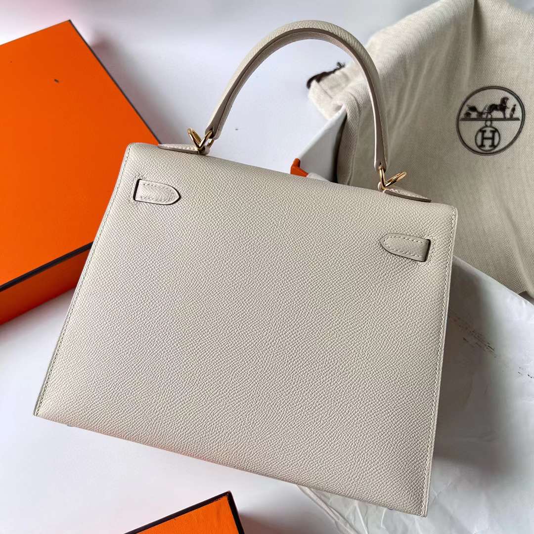 Hermès（爱马仕）Kelly 凯莉包 Epsom Ck10 奶昔白 金扣 25cm 全手工蜡线缝制 Ghw