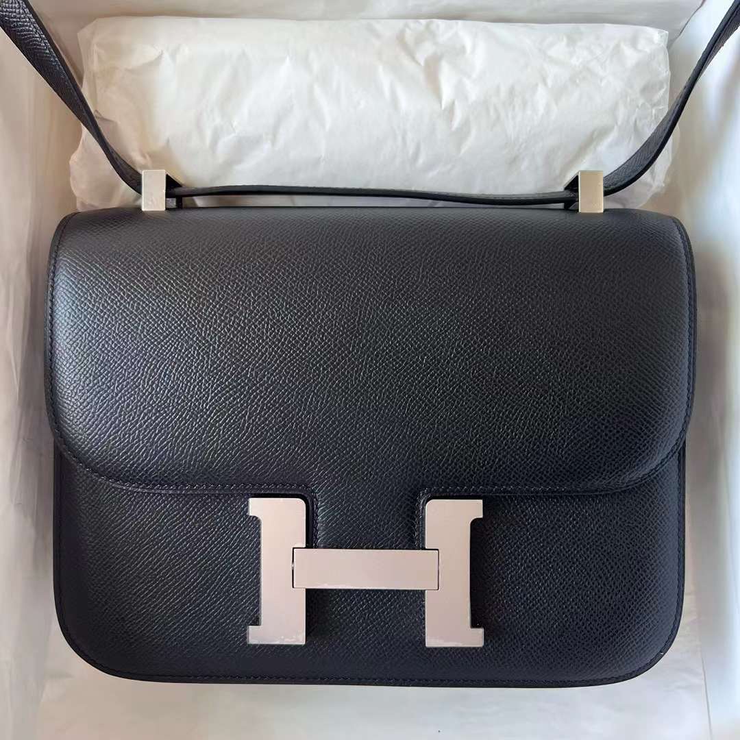 Hermès（爱马仕）Constance 空姐包 Epsom Ck89 黑色 银扣 1-24cm 全手工蜡线缝制 Phw