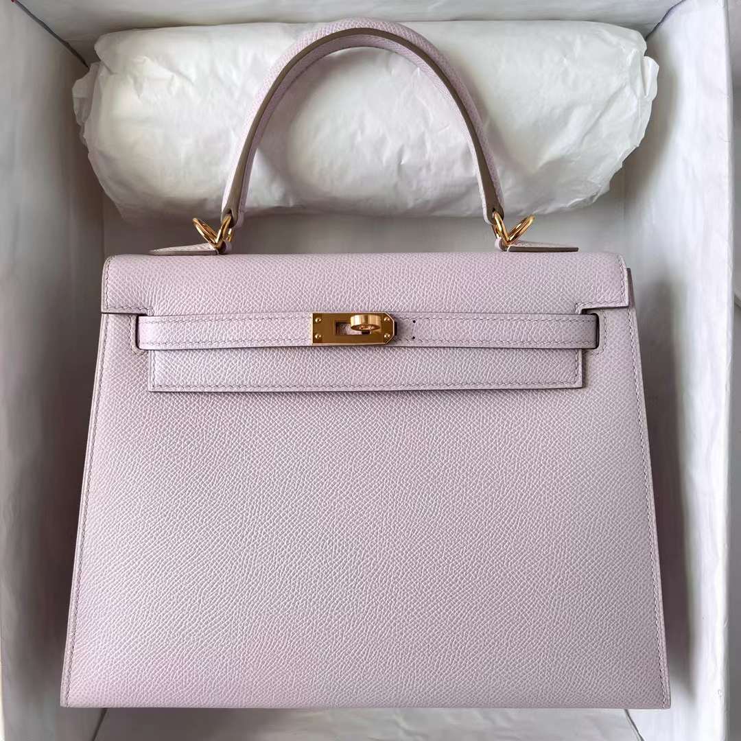 Hermès（爱马仕）Kelly 凯莉包 Epsom 进口德国手掌纹 09 梦幻粉紫 金扣 25cm 全手工蜡线缝制 Ghw