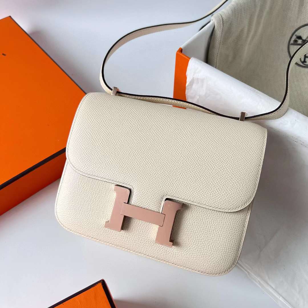 Hermès（爱马仕）Constance 空姐包 Epsom I2 奶油白 玫瑰金扣 19cm 全手工蜡线缝制 RGhw