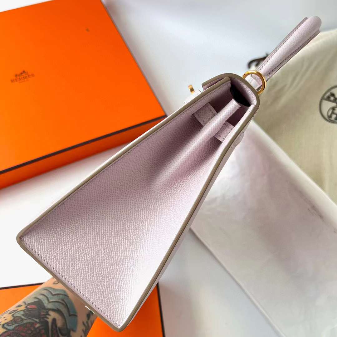 Hermès（爱马仕）Kelly 凯莉包 Epsom 进口德国手掌纹 09 梦幻粉紫 金扣 25cm 全手工蜡线缝制 Ghw