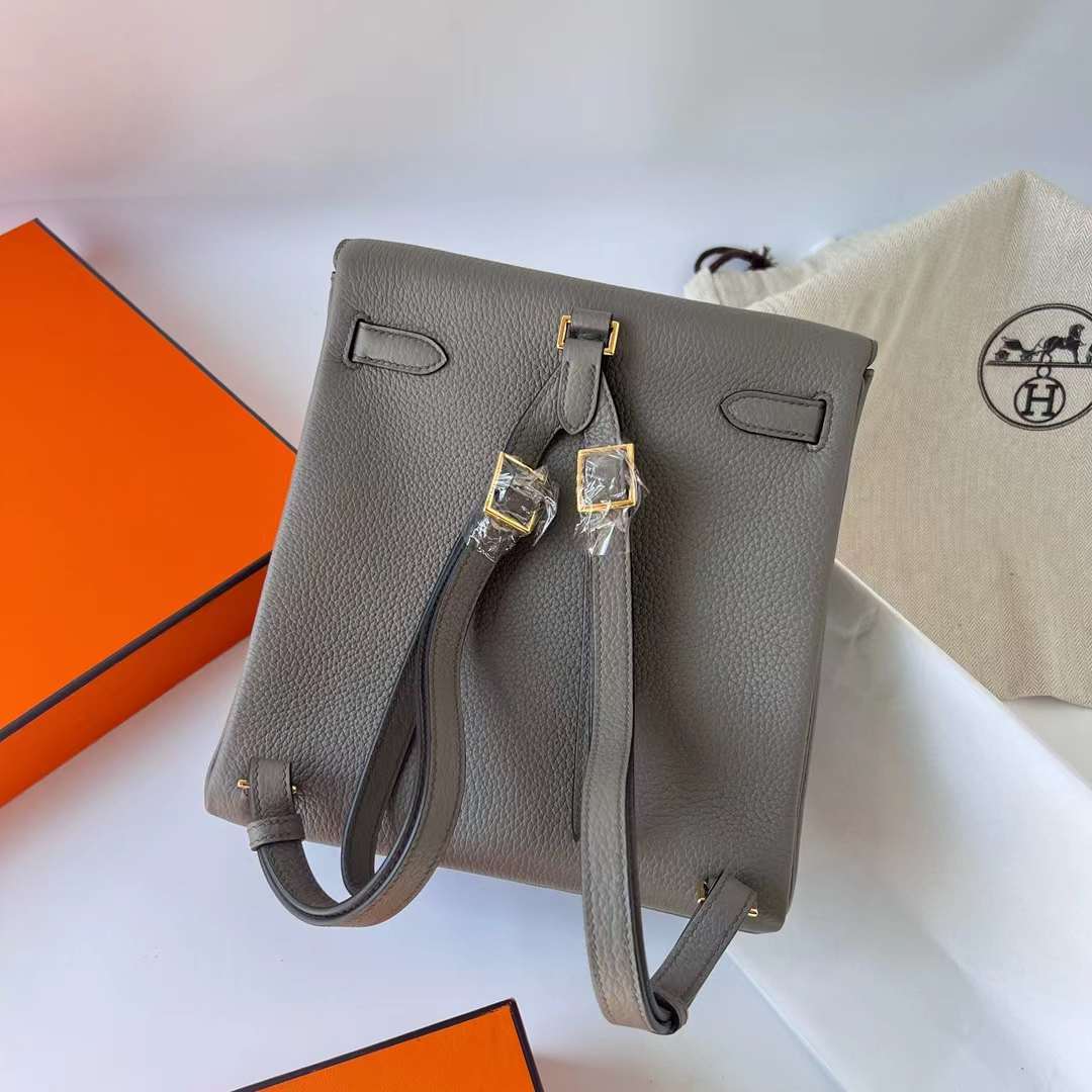 Hermès（爱马仕）Kelly Ado 双肩包 Clemence 8F 锡器灰 金扣 22cm 全手工蜡线缝制 Ghw