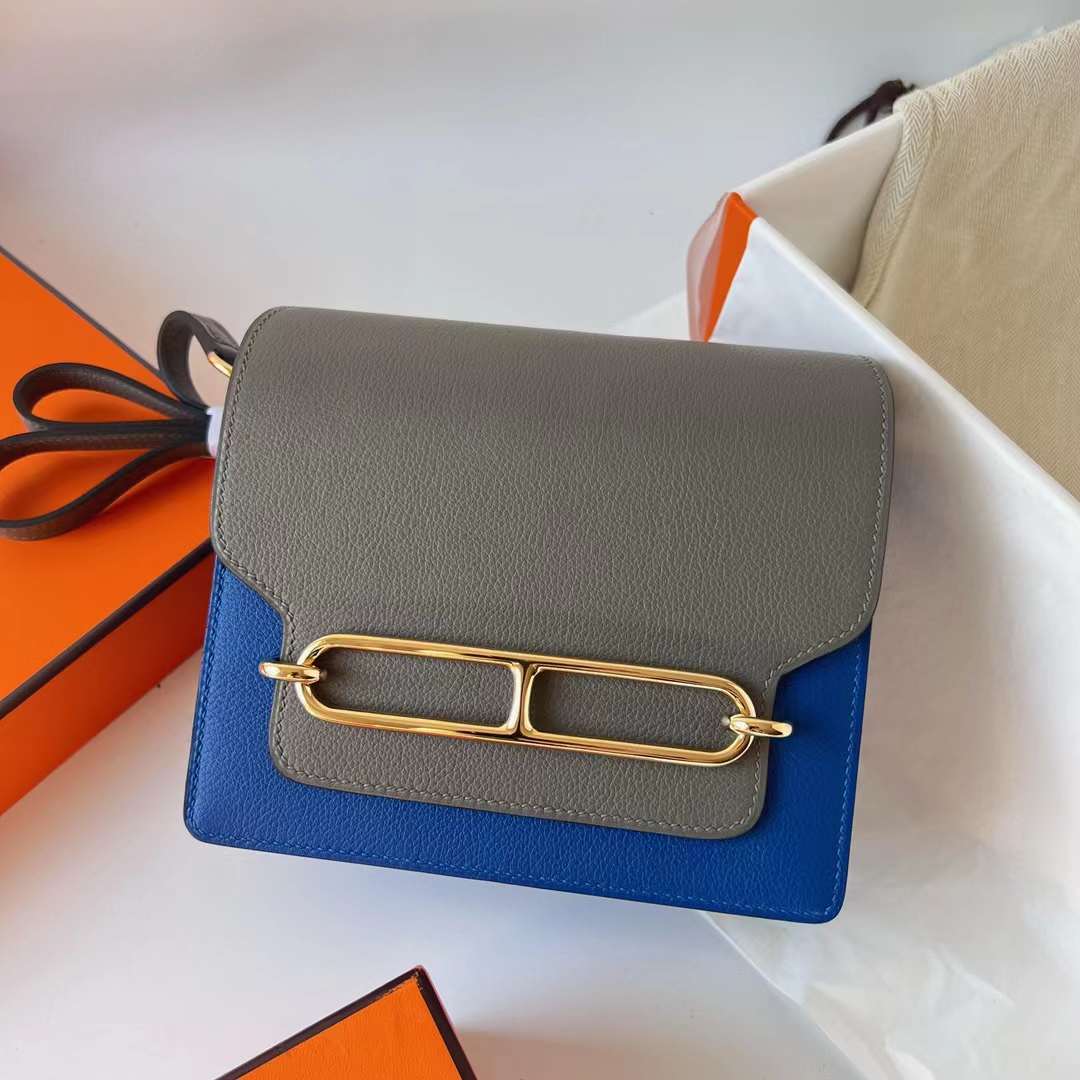 Hermès（爱马仕）Roulis 猪鼻子 Evercolor Ck71 法国蓝 拼 0L 积雨云灰 浅金扣 18cm 全手工蜡线缝制