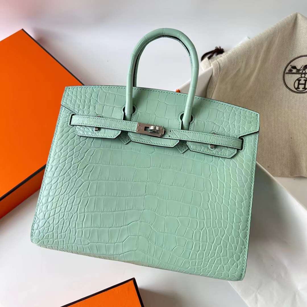 Hermès（爱马仕）Birkin 铂金包 Sellier 雾面美洲鳄鱼皮 Matte Alligator Crocodile 6u 新薄荷绿 外缝 银扣 25cm 全手工蜡线缝制 Phw