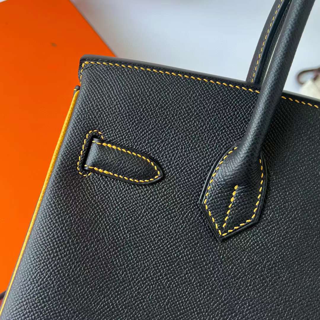 Hermès（爱马仕）Birkin 铂金包 Epsom Ck89 黑色 内拼 9D 琥珀黄 磨砂金扣 30cm 全手工蜡线缝制 Bghw