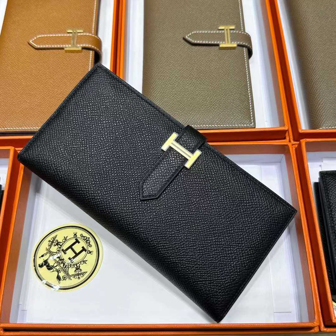 Hermès（爱马仕）Bearn 长款钱包 Epsom 进口手掌纹皮 Ck89 黑色 金扣 全手工蜡线缝制