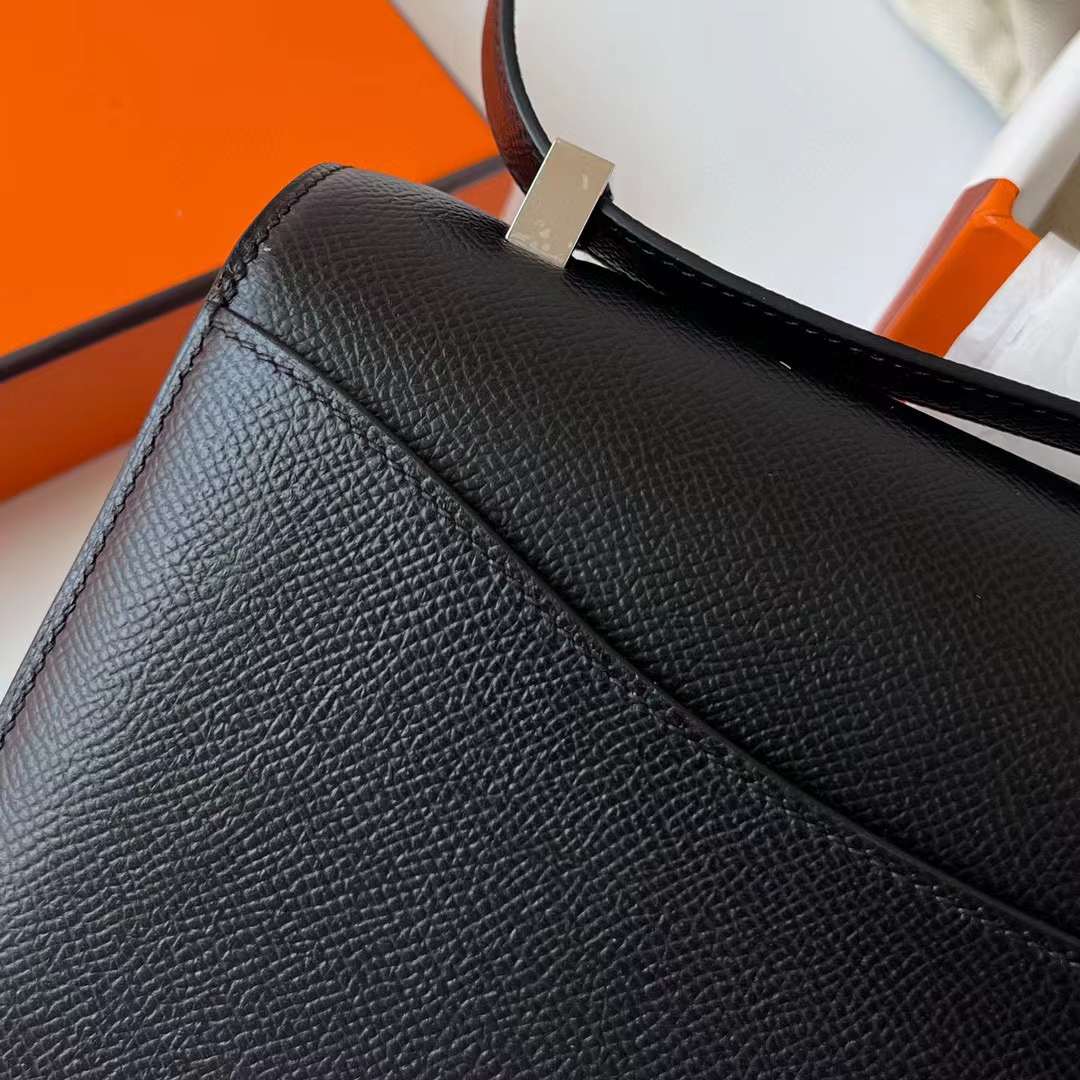 Hermès（爱马仕）Constance 空姐包 Epsom Ck89 黑色 银扣 1-24cm 全手工蜡线缝制 Phw