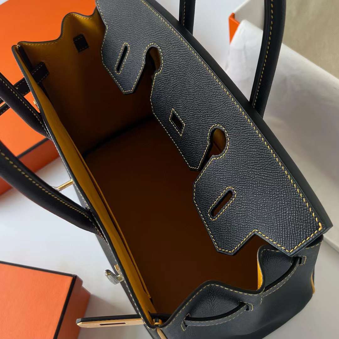 Hermès（爱马仕）Birkin 铂金包 Epsom Ck89 黑色 内拼 9D 琥珀黄 磨砂金扣 30cm 全手工蜡线缝制 Bghw