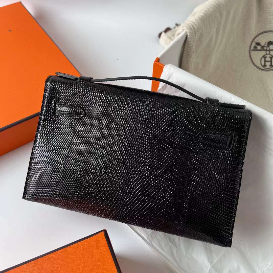 Hermès（爱马仕）Mini Kelly Pochette Lizard 进口蜥蜴皮 Ck89 黑色 金扣 22cm 全手工蜡线缝制 Ghw